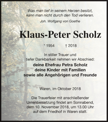 Traueranzeige von Klaus-Peter Scholz von Müritz-Zeitung