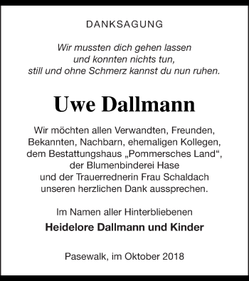 Traueranzeige von Uwe Dallmann von Pasewalker Zeitung