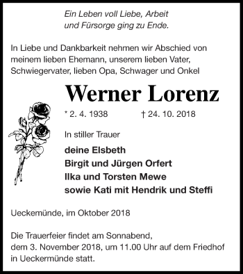 Traueranzeige von Werner Lorenz von Haff-Zeitung