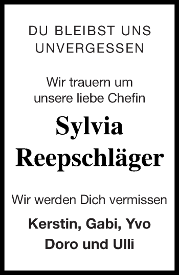 Traueranzeige von Sylvia Reepschläger von Haff-Zeitung