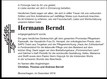 Traueranzeige von Hermann Berndt von Pasewalker Zeitung