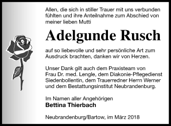 Traueranzeige von Adelgunde Rusch von Neubrandenburger Zeitung