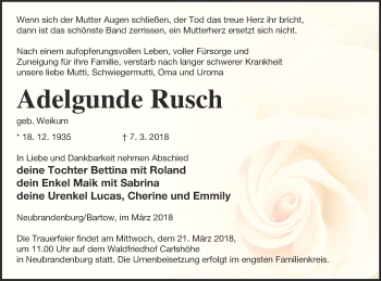 Traueranzeige von Adelgunde Rusch von Neubrandenburger Zeitung