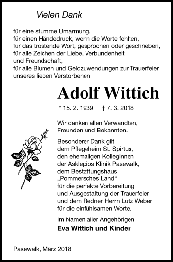 Traueranzeige von Adolf Wittich von Pasewalker Zeitung