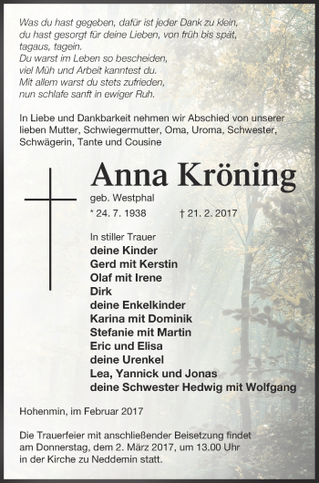 Traueranzeige von Anna Kröning von Neubrandenburger Zeitung