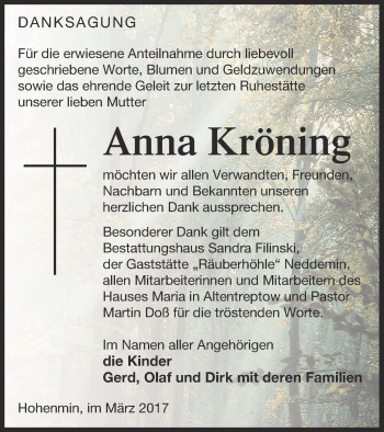 Traueranzeige von Anna Kröning von Neubrandenburger Zeitung