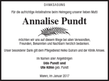 Traueranzeige von Annalise Pundt von Müritz-Zeitung