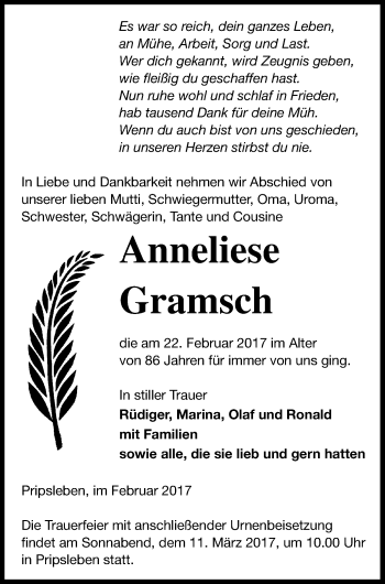 Traueranzeige von Anneliese Gramsch von Neubrandenburger Zeitung