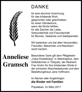 Traueranzeige von Anneliese Gramsch von Neubrandenburger Zeitung