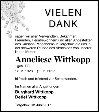 Traueranzeige von Anneliese Wittkopp von Haff-Zeitung