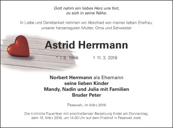 Traueranzeige von Astrid Herrmann von Pasewalker Zeitung