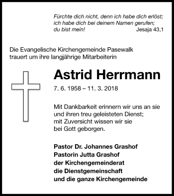 Traueranzeige von Astrid Herrmann von Pasewalker Zeitung