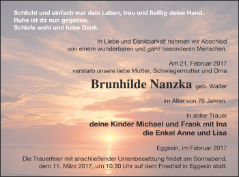 Traueranzeige von Brunhilde Nanzka von Haff-Zeitung