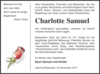 Traueranzeige von Charlotte Samuel von Pasewalker Zeitung