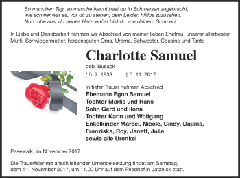 Traueranzeige von Charlotte Samuel von Pasewalker Zeitung