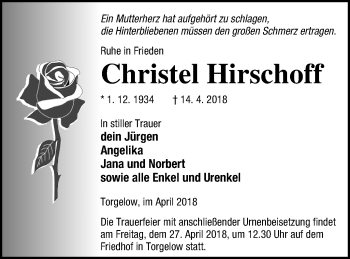 Traueranzeige von Christel Hirschoff von Haff-Zeitung