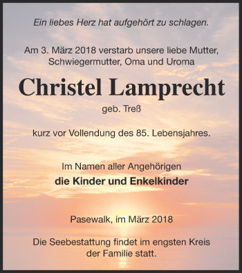 Traueranzeige von Christel Lamprecht von Pasewalker Zeitung