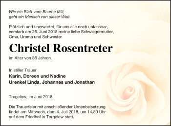 Traueranzeige von Christel Rosentreter von Haff-Zeitung