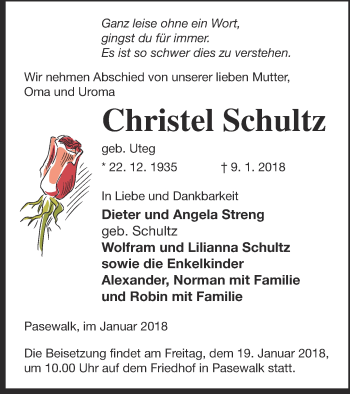 Traueranzeige von Christel Schultz von Haff-Zeitung