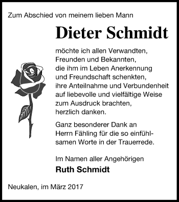 Traueranzeige von Dieter Schmidt von Mecklenburger Schweiz