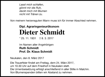 Traueranzeige von Dieter Schmidt von Mecklenburger Schweiz