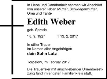 Traueranzeige von Edith Weber von Haff-Zeitung