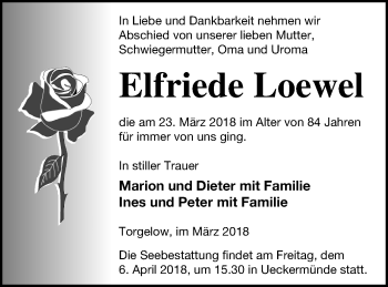 Traueranzeige von Elfriede Loewel von Haff-Zeitung