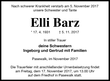 Traueranzeige von Elli Barz von Pasewalker Zeitung