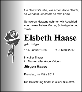 Traueranzeige von Elsbeth Haase von Prenzlauer Zeitung