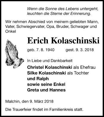 Traueranzeige von Erich Kolaschinski von Mecklenburger Schweiz