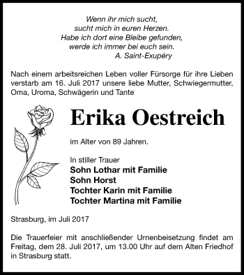 Traueranzeige von Erika Oestreich von Pasewalker Zeitung