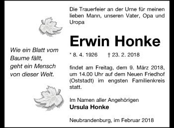 Traueranzeige von Erwin Honke von Neubrandenburger Zeitung