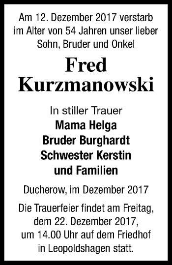 Traueranzeige von Fred Kurzmanowski von Vorpommern Kurier