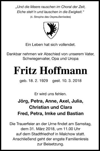 Traueranzeige von Fritz Hoffmann von Müritz-Zeitung