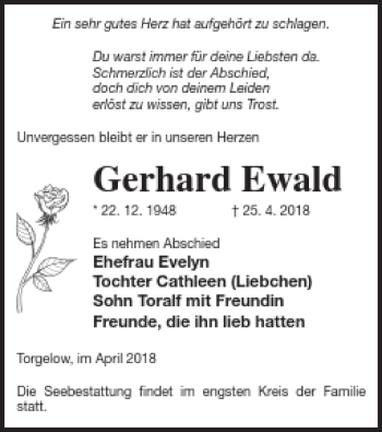 Traueranzeige von Gerhard Ewald von Haff-Zeitung