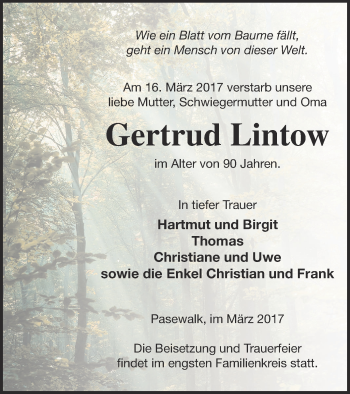 Traueranzeige von Gertrud Lintow von Pasewalker Zeitung