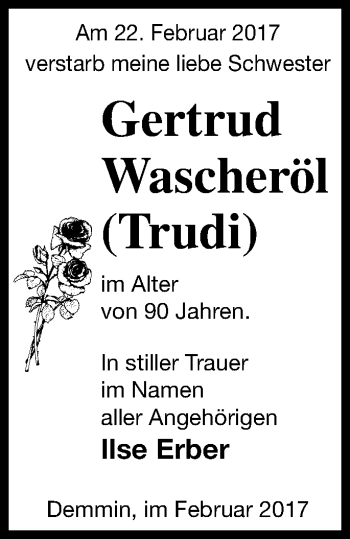 Traueranzeige von Gertrud Wascheröl von Demminer Zeitung