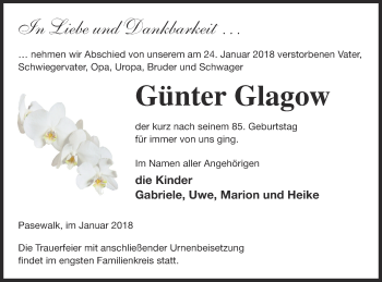 Traueranzeige von Günter Glagow von Pasewalker Zeitung
