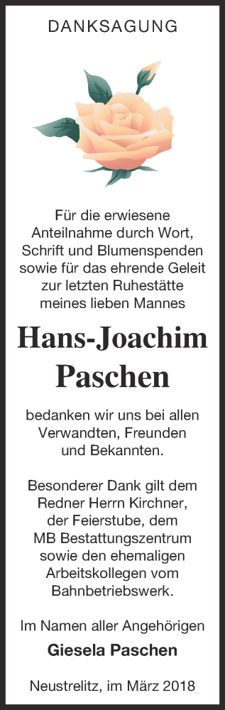 Traueranzeige von Hans-Joachim Paschen von Strelitzer Zeitung