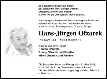 Traueranzeige von Hans-Jürgen Ofzarek von Strelitzer Zeitung