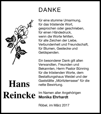 Traueranzeige von Hans Reincke von Müritz-Zeitung