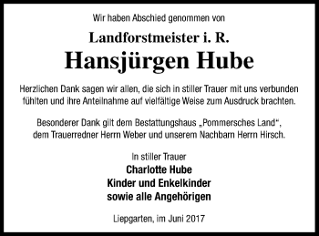 Traueranzeige von Hansjürgen Hube von Haff-Zeitung