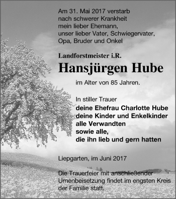 Traueranzeige von Hansjürgen Hube von Haff-Zeitung