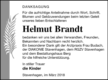Traueranzeige von Helmut Brandt von Mecklenburger Schweiz