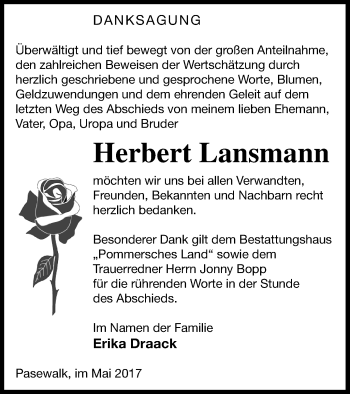Traueranzeige von Herbert Lansmann von Pasewalker Zeitung