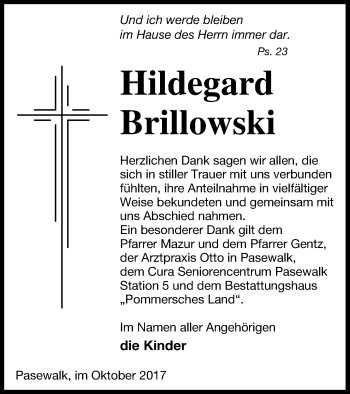 Traueranzeige von Hildegard Brillowski von Pasewalker Zeitung