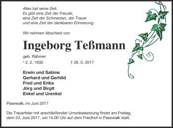 Traueranzeige von Ingeborg Teßmann von Pasewalker Zeitung