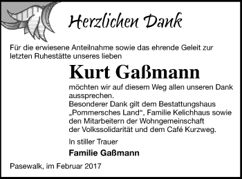 Traueranzeige von Kurt Gaßmann von Pasewalker Zeitung
