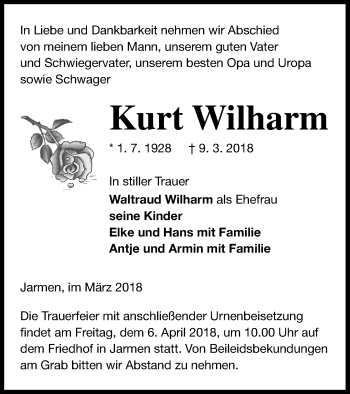 Traueranzeige von Kurt Wilharm von Vorpommern Kurier