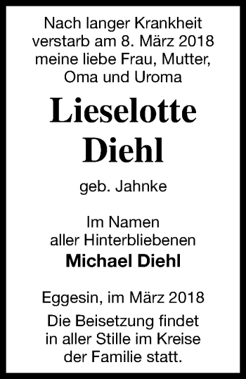 Traueranzeige von Lieselotte Diehl von Haff-Zeitung